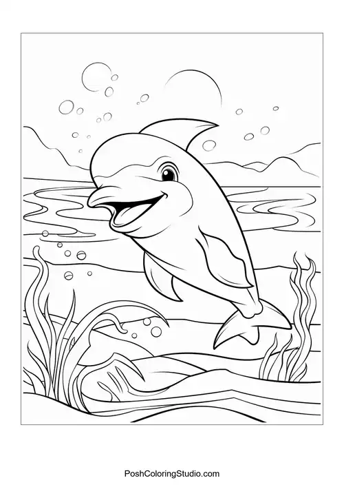 A dolphin swimming joyfully with bubbles and fish around.