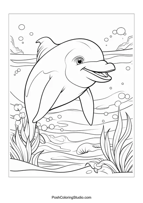 A dolphin swims gracefully through underwater vegetation.