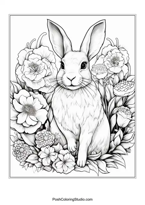 A rabbit surrounded by flowers and decorated eggs.