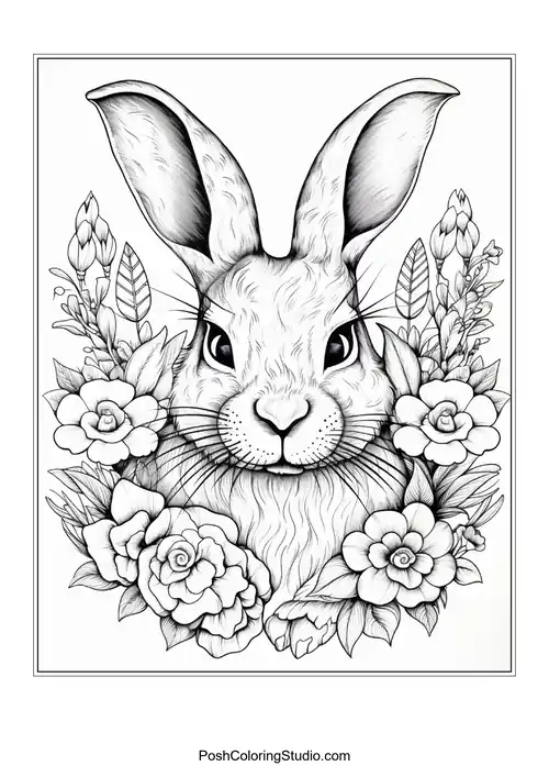 A rabbit surrounded by flowers and a decorative egg.