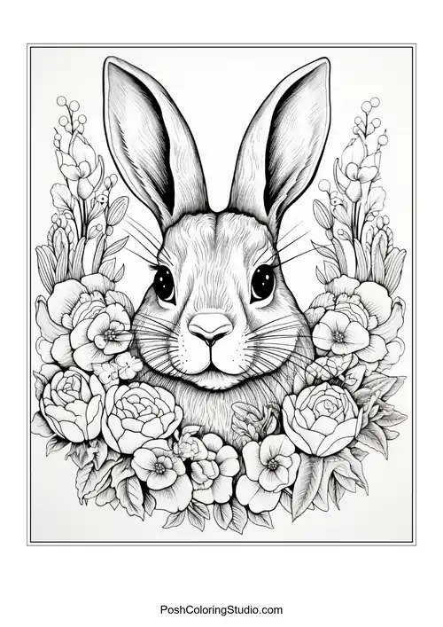 A rabbit with decorative eggs and flowers around it.