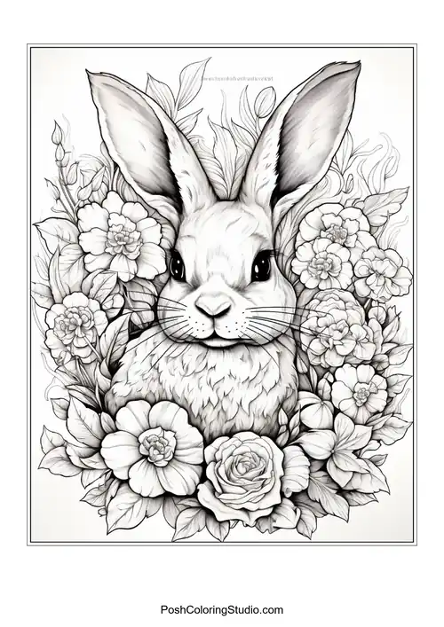 A rabbit with decorative eggs and flowers around it.