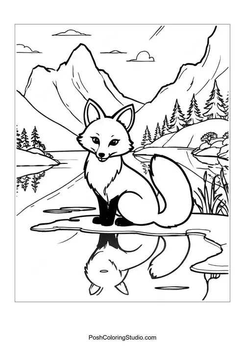 A fox sitting on a rock near a lake.