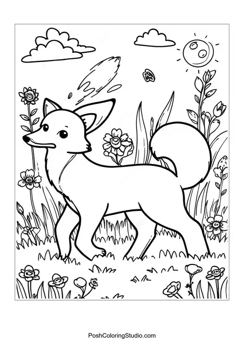 A realistic fox walking through flowers and grass.
