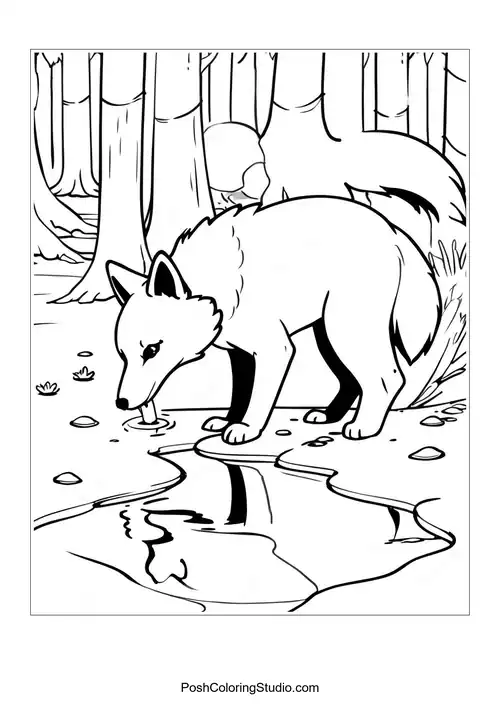A fox standing by a pond, gazing at its reflection.