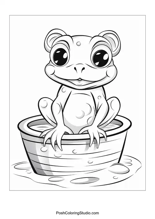 A frog sits contentedly in a bowl of water.
