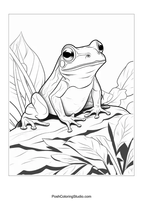 A frog sits on a rock with a thoughtful look.
