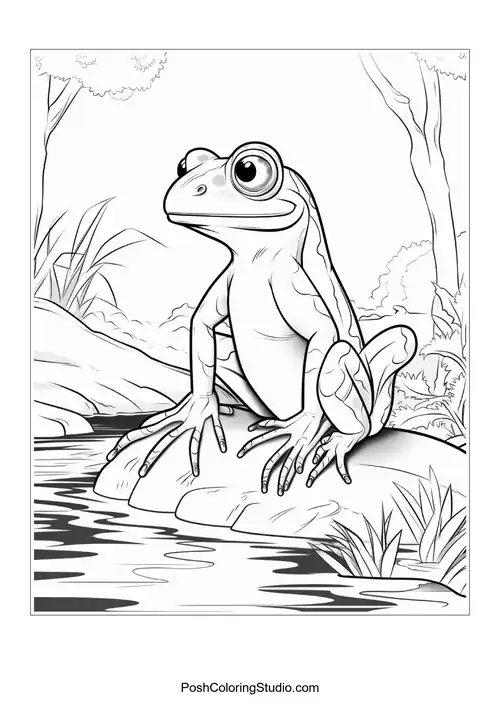 A frog sits on a rock with a gentle smile.