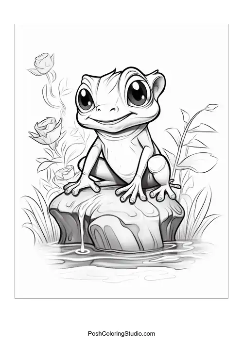 A frog sits on a rock with a relaxed demeanor.