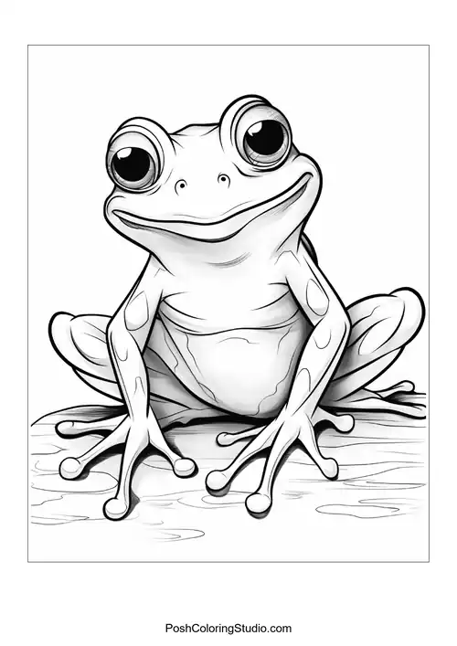 A frog sits on a rock with a thoughtful gaze.