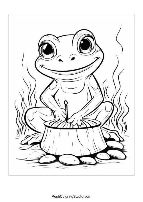 A frog sits on a rock with a cheerful smile.
