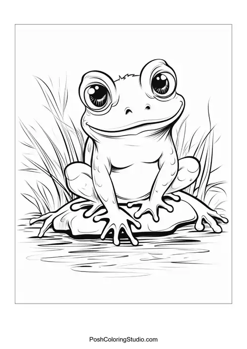 A frog sits on a rock with a whimsical pose.