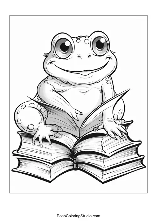 A frog reading a book with its front legs on the pages.