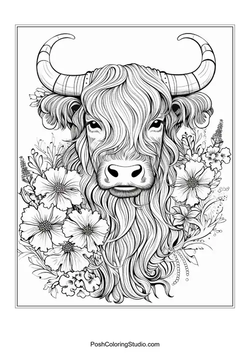 A highland cow with a prominent beard and floral accents.