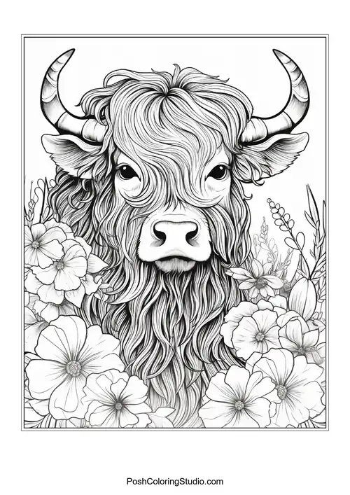 A highland cow with a flowing mane and floral details.