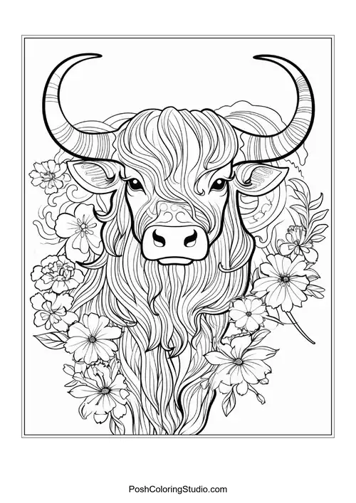 A highland cow with a textured mane and floral embellishments.