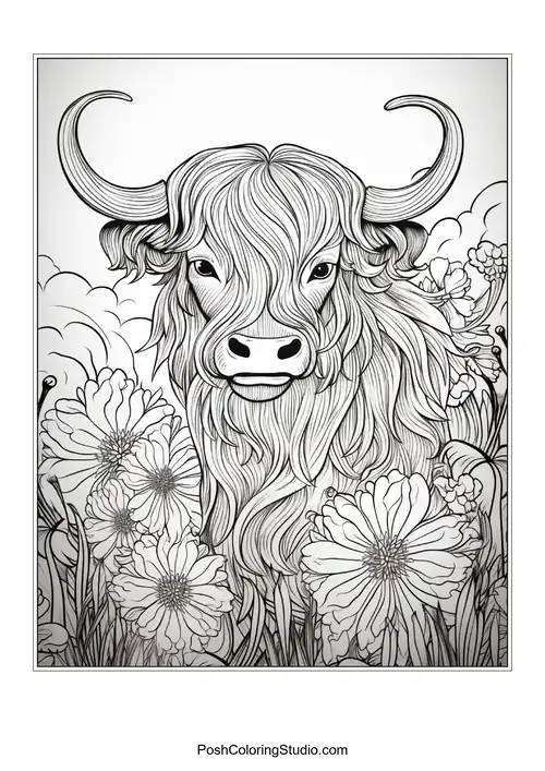 A highland cow with a flowing mane and floral accents.