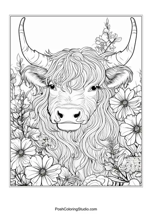 A highland cow with a detailed floral arrangement around its face.