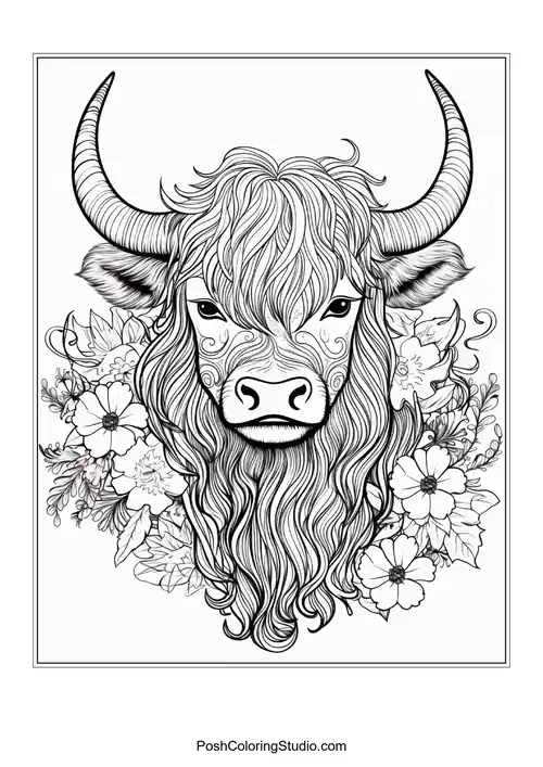 A highland cow with a prominent beard and floral accents.