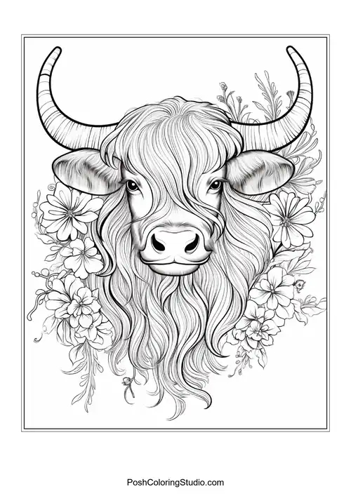 A highland cow with a flowing mane and floral details.