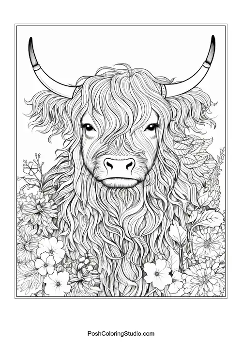 A highland cow with a textured mane and floral embellishments.