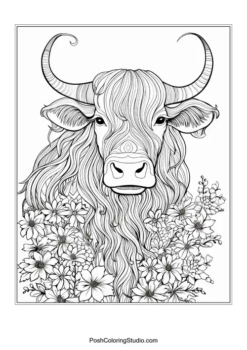 A highland cow with a flowing mane and floral accents.