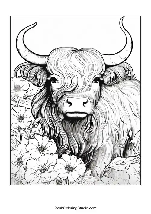 A highland cow with a detailed floral arrangement around its face.