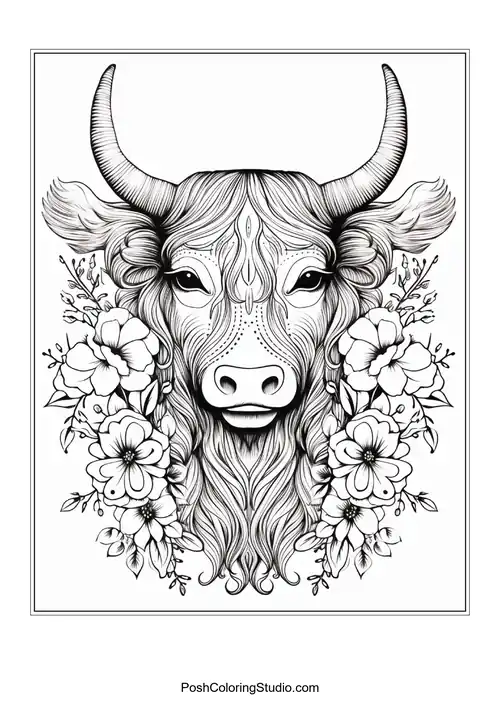 A highland cow with a prominent beard and floral accents.