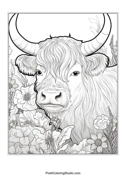 A highland cow with a flowing mane and floral details.