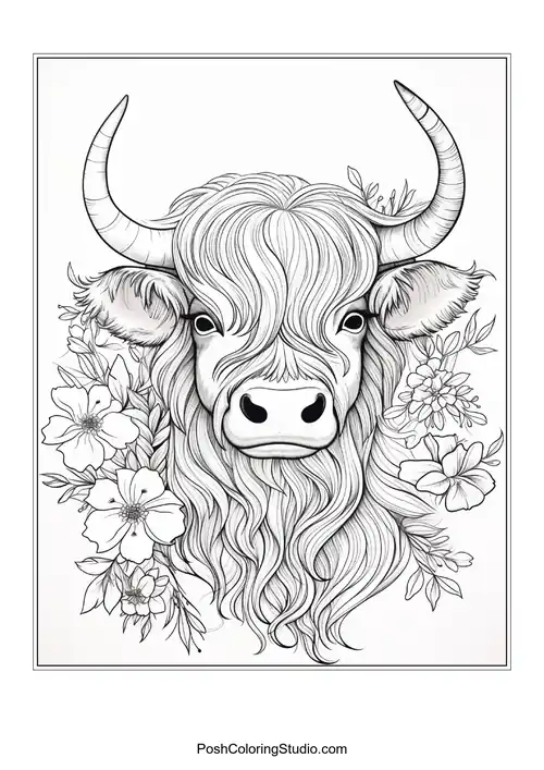 A highland cow with a textured mane and floral embellishments.
