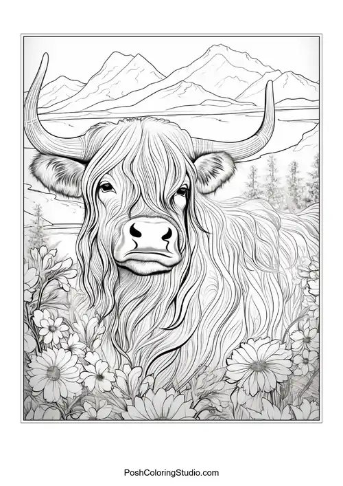 A highland cow with a flowing mane and floral accents.