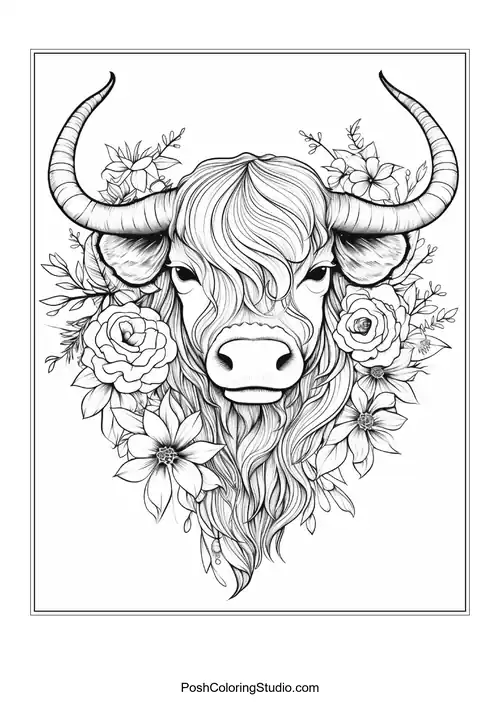 A highland cow with a prominent beard and floral accents.