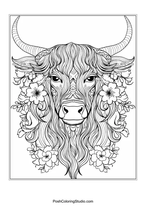 A highland cow with a flowing mane and floral details.