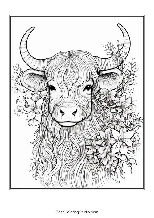 A highland cow with a textured mane and floral embellishments.
