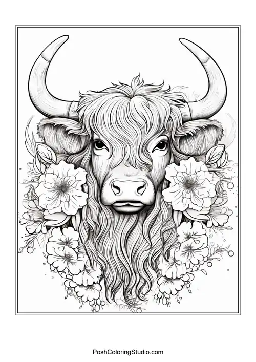 A highland cow with a prominent beard and floral accents.