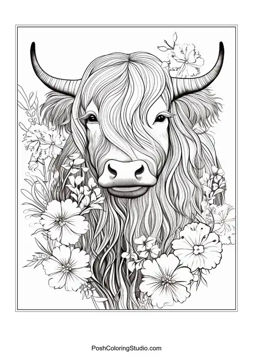 A highland cow with a flowing mane and floral details.