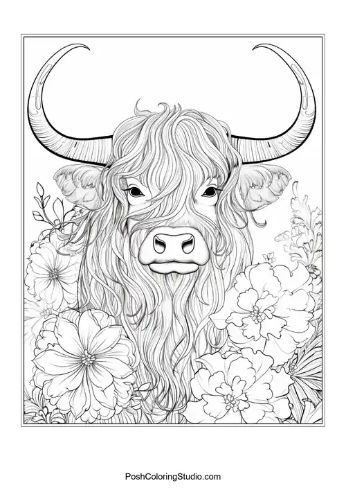 A highland cow with a detailed floral arrangement around its face.
