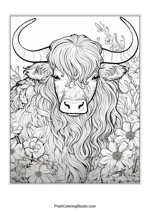 A highland cow with a prominent beard and floral accents.