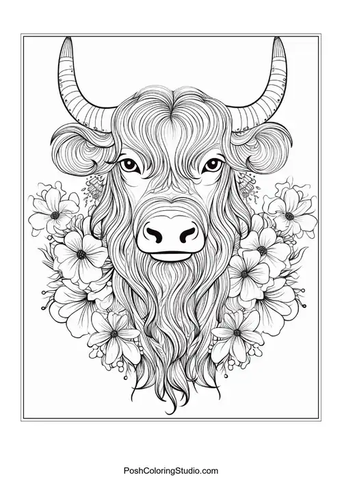 A highland cow with a flowing mane and floral details.
