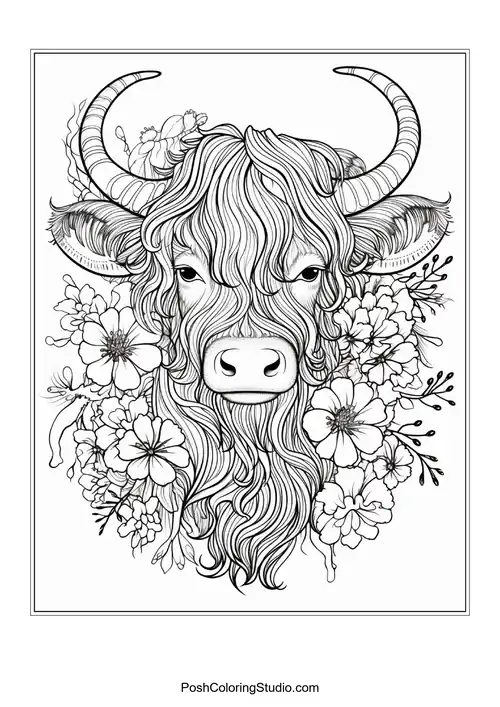 A highland cow with a textured mane and floral embellishments.