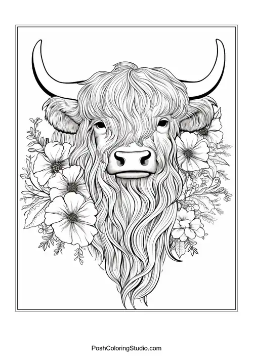 A highland cow with a flowing mane and floral accents.