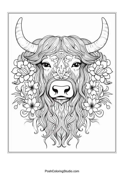 A highland cow with a detailed floral arrangement around its face.
