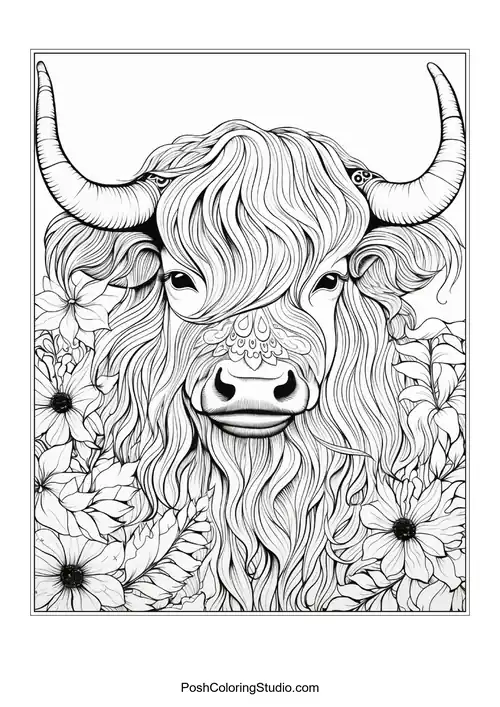 A highland cow with a flowing mane and floral details.