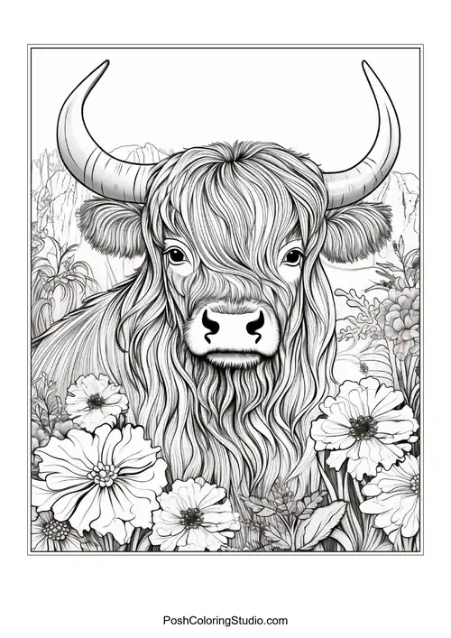 A highland cow with a flowing mane and floral accents.