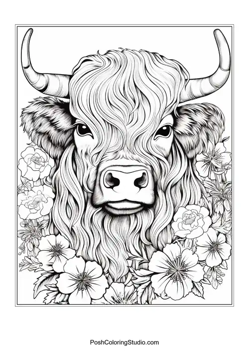 A Highland cow with long, wavy hair surrounded by flowers.