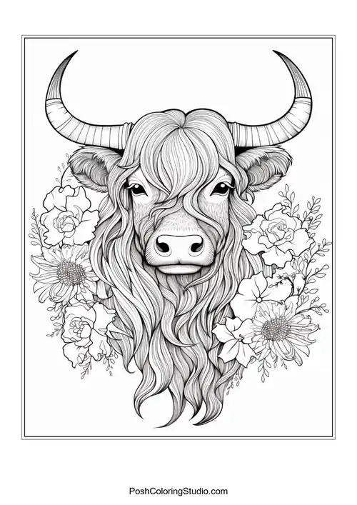 A Highland cow with flowing hair and various flowers around it.