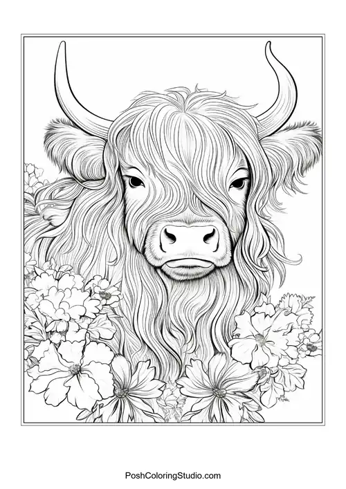 A Highland cow with curly hair and surrounded by blossoms.