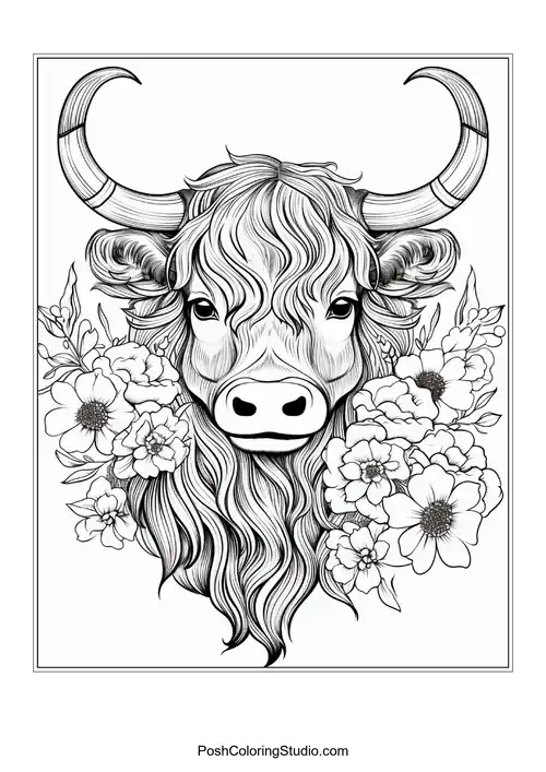 A highland cow with a detailed floral arrangement in front.
