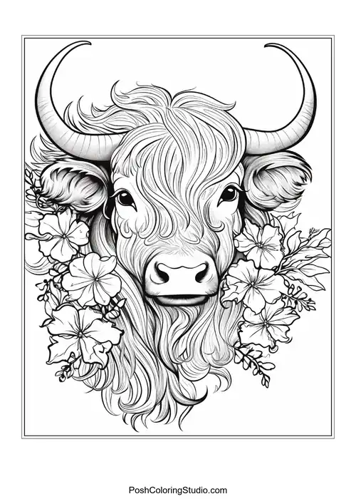 A highland cow with a flowing mane and various flowers.