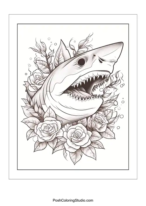 A shark's head with an open mouth and roses around it.